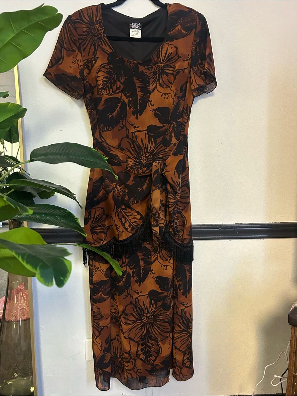 le chateau Black and Brown Floral Fringe Midi Dress